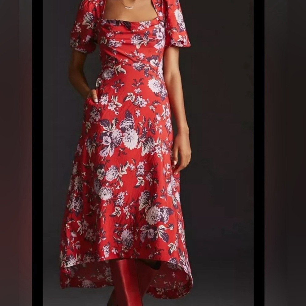 Maeve by Anthropologie Red Floral Puff Sleeve Hi Lo Dress sz 8